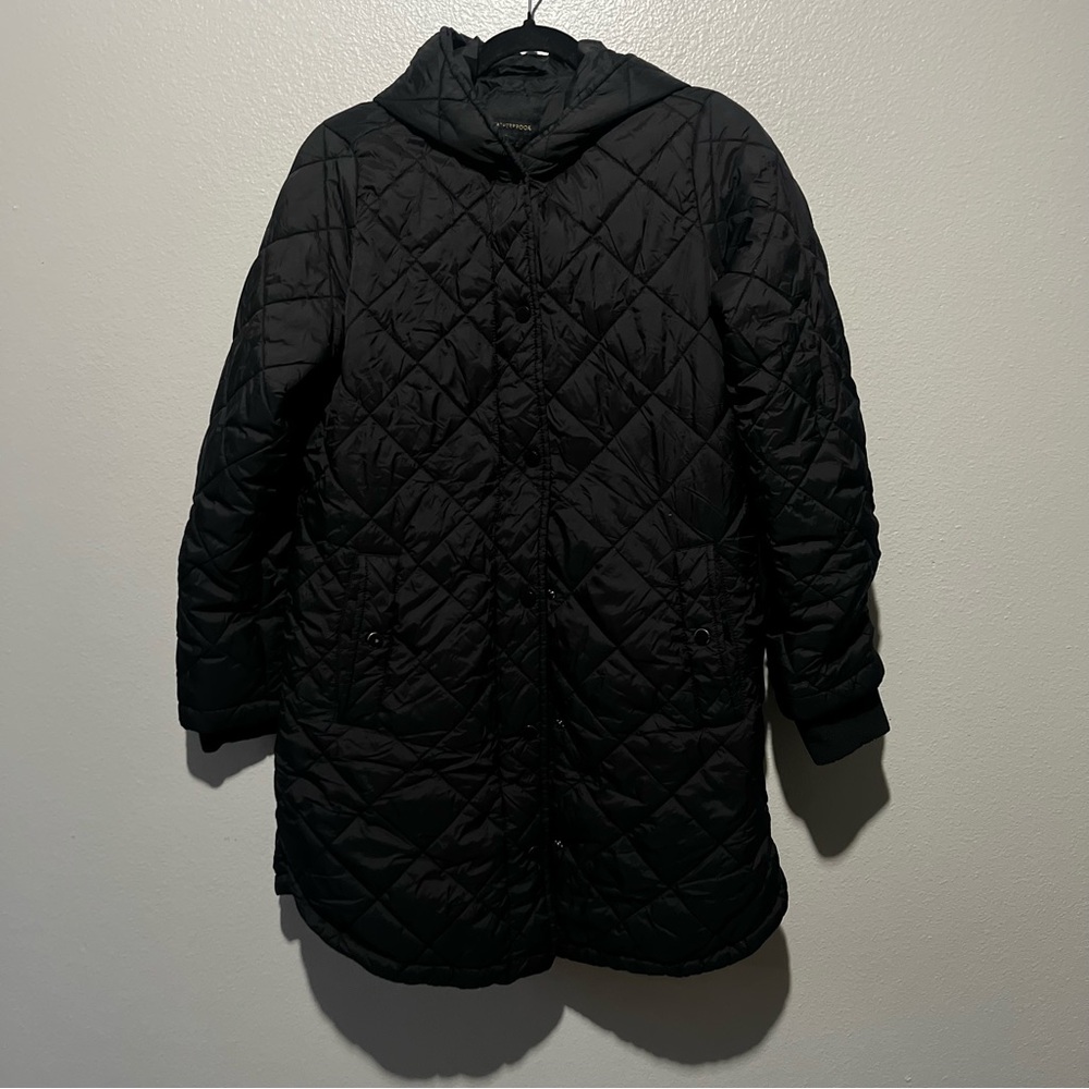 WEATHERPROOF- Long Black Hooded Coat Size S